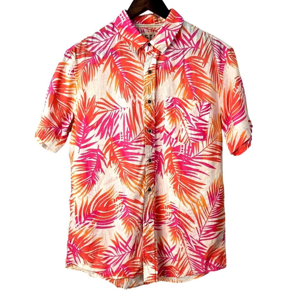 VSTR Pink Orange Tropical Palm Leaf Print Linen Resort Nomad Button Up Shirt M - Picture 2 of 7